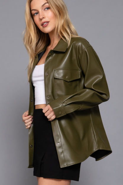 Long Slv Faux Leather Shacket